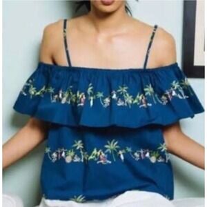 Rachel Antonoff Anthropologie Hawaiian Hula Girl Off Shoulder‎ Ruffle Top Sz XS